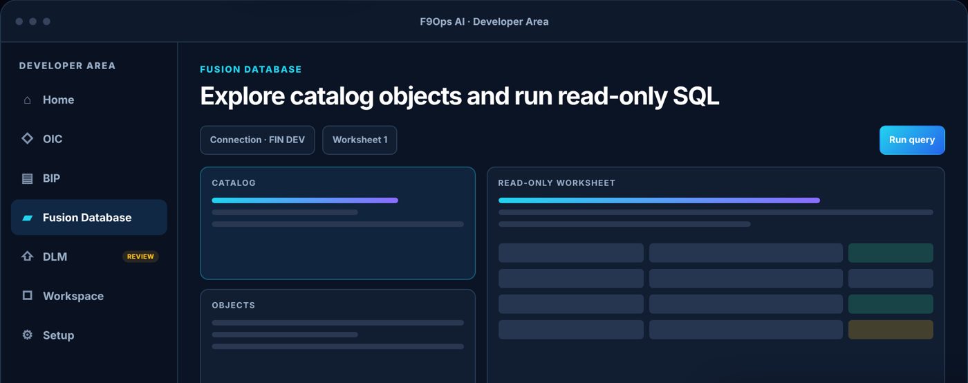 F9Ops AI workspace showing the Fusion Database area with catalog, objects and a read-only worksheet